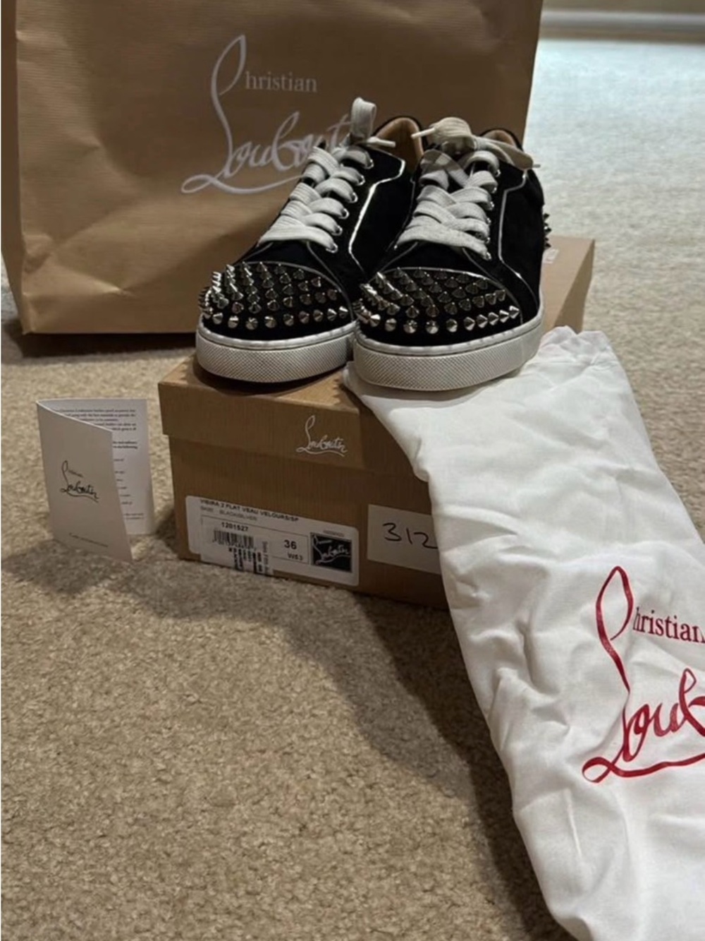 Christian Louboutin Black Velvet Spike Toe Low-Top Sneakers